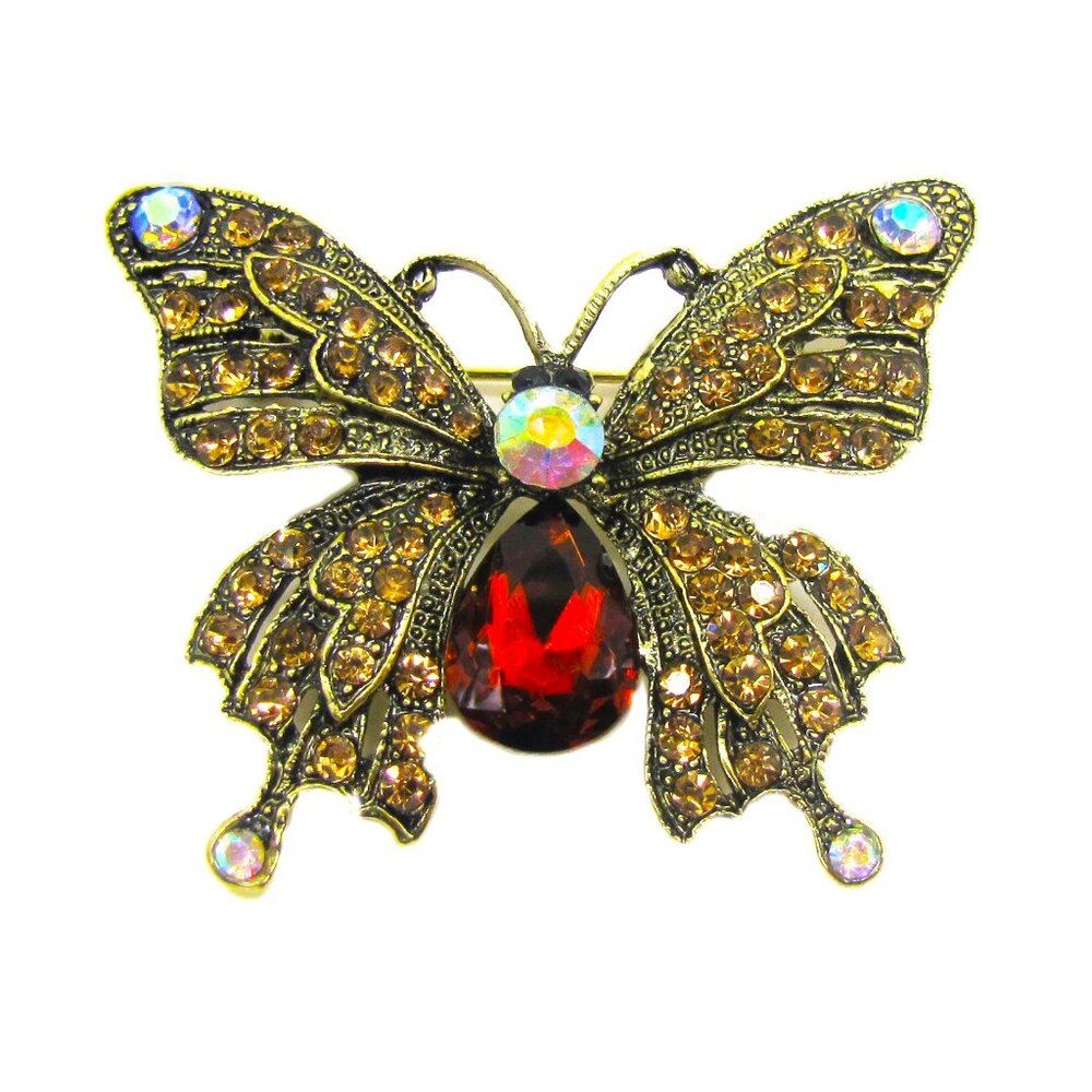 Butterfly brooch pin with brown crystals vintage look design in antique gold